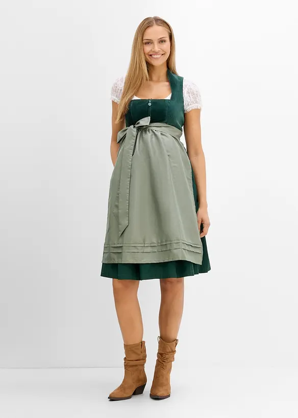 Umstands- Dirndl mit Samt-Mieder und Satin-Schürze (2-tlg.Set) in grün von vorne (Totalaufnahme) - bonprix