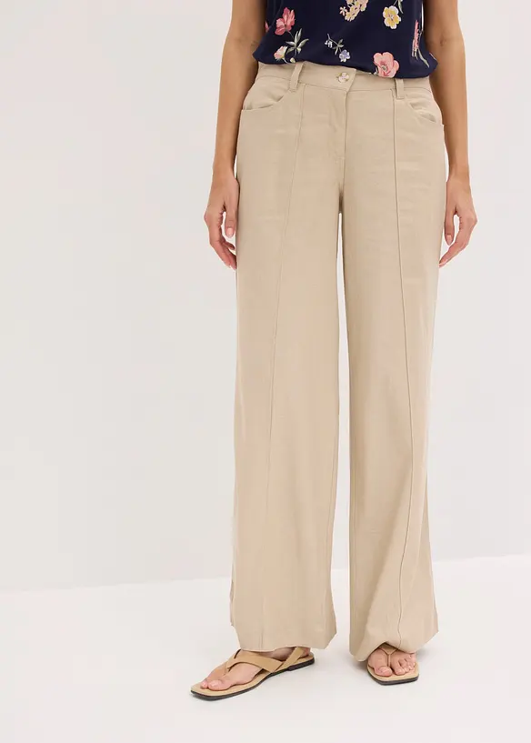 Palazzo-Hose aus luftigem Leinen-Mix in beige von vorne - bonprix