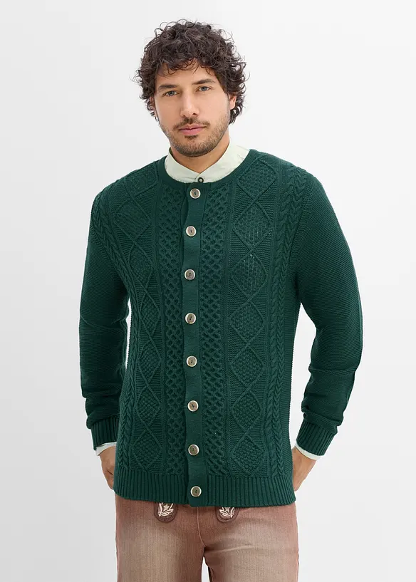 Trachten-Strickjacke aus weichem Baumwollmix in grün von vorne (im Anschnitt) - bonprix
