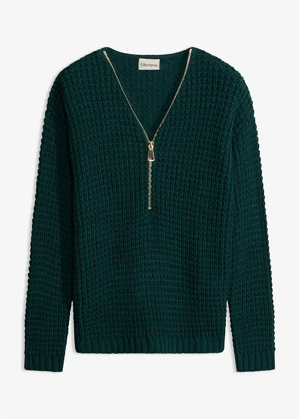 Grobstrick-Pullover mit Reißverschluss-Detail in grün von vorne - bonprix