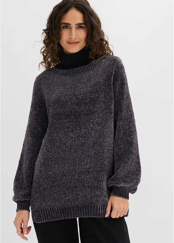 Chenille-Longpullover in grau von vorne (im Anschnitt) - bonprix