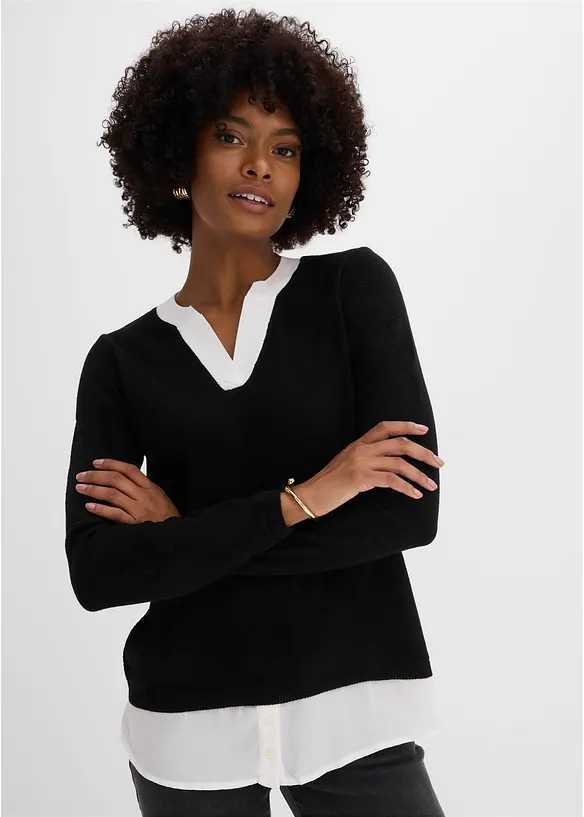 Feinstrickpullover mit Bluseneinsatz in schwarz von vorne (im Anschnitt) - bonprix