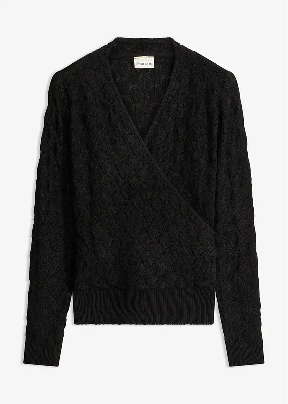 Ajour-Pullover in Wickeloptik in schwarz von vorne - bonprix