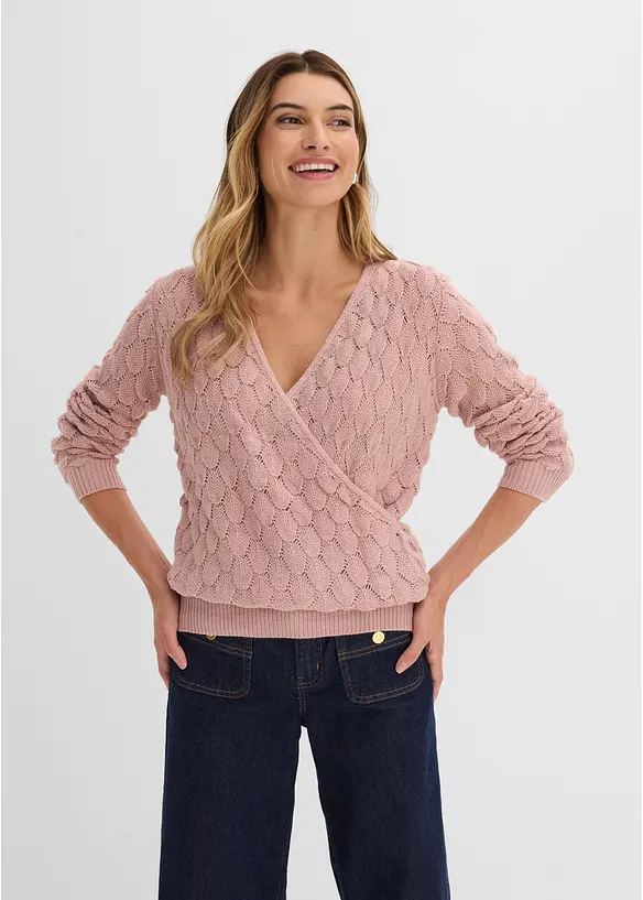 Ajour-Pullover in Wickeloptik in rosa von vorne (im Anschnitt) - bonprix