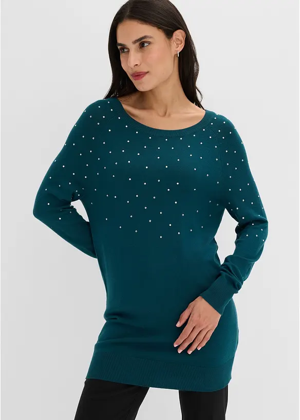Long-Pullover mit Glitzersteinen in petrol von vorne (im Anschnitt) - bonprix Long-Pullover mit Glitzersteinen in petrol von vorne (im Anschnitt) - bonprix
