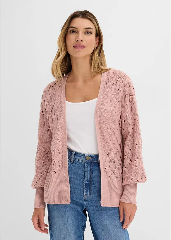Ajour-Strickjacke in rosa von vorne (im Anschnitt) - bonprix