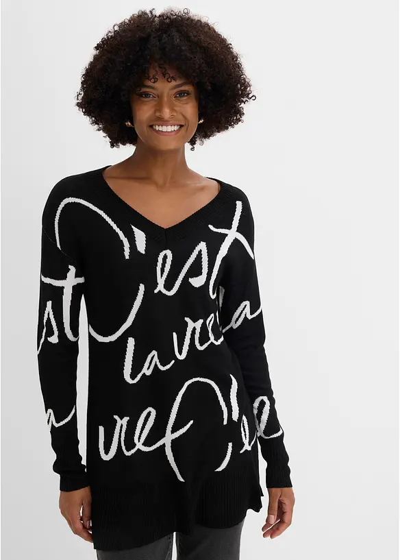 Longpullover mit Schriftzug in schwarz von vorne (im Anschnitt) - bonprix