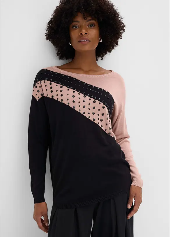Longpullover mit Applikation in schwarz von vorne (im Anschnitt) - bonprix