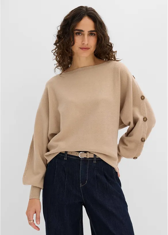 Pullover mit Knopfdetails in beige von vorne (im Anschnitt) - bonprix Pullover mit Knopfdetails in beige von vorne (im Anschnitt) - bonprix