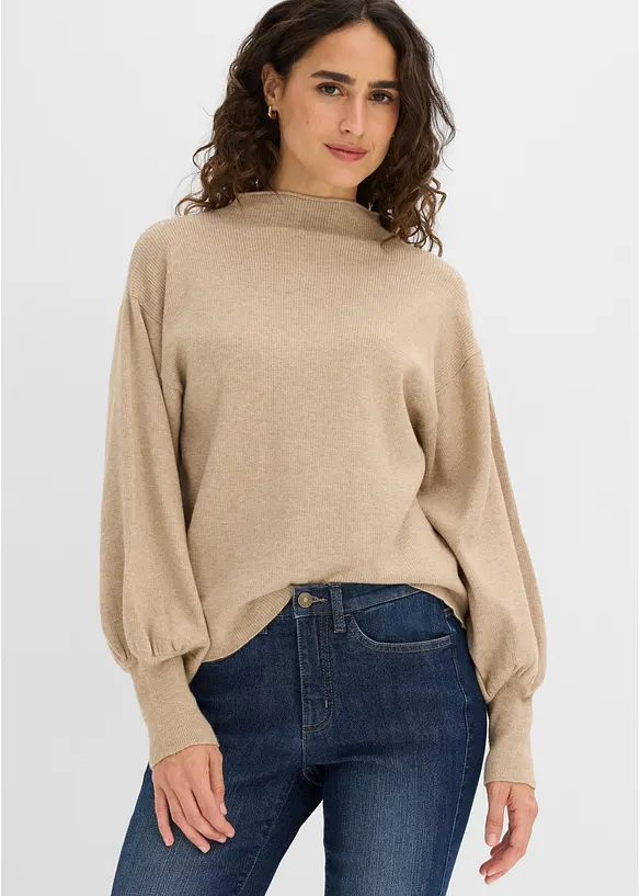 Strickpullover mit Ballonärmeln in beige von vorne (im Anschnitt) - bonprix