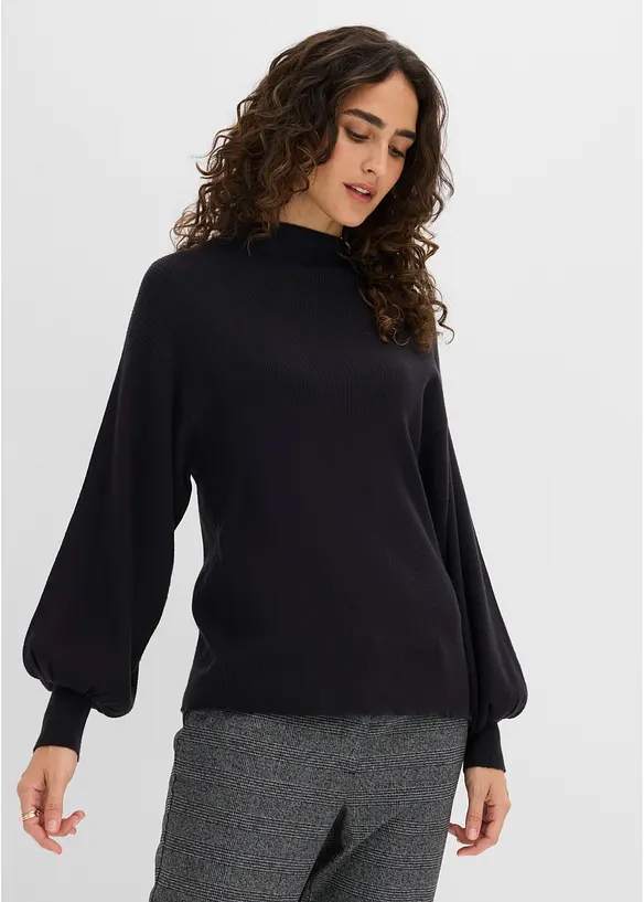 Strickpullover mit Ballonärmeln in schwarz von vorne (im Anschnitt) - bonprix
