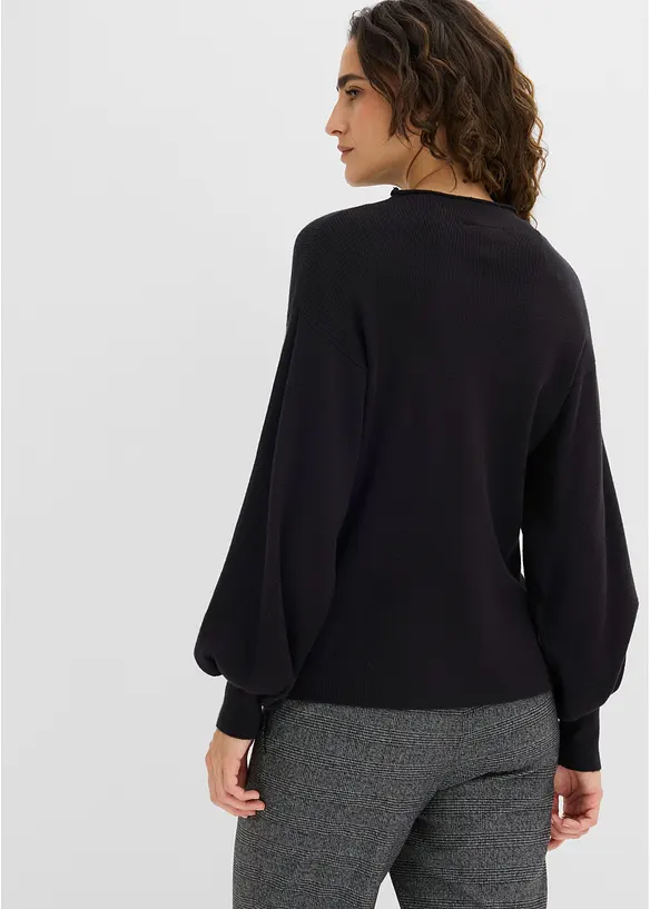 Strickpullover mit Ballonärmeln in schwarz von hinten (im Anschnitt) - bonprix