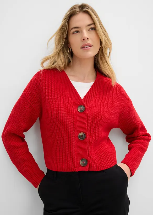 Grobstrickjacke aus reiner Baumwolle in rot von vorne (im Anschnitt) - bonprix