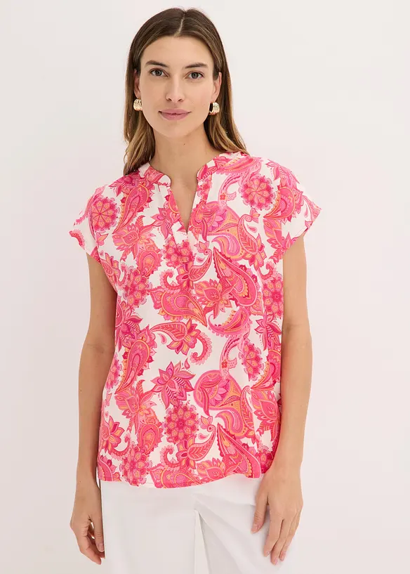 Kurzarmbluse aus fließendem Satin in rosa von vorne (im Anschnitt) - bonprix
