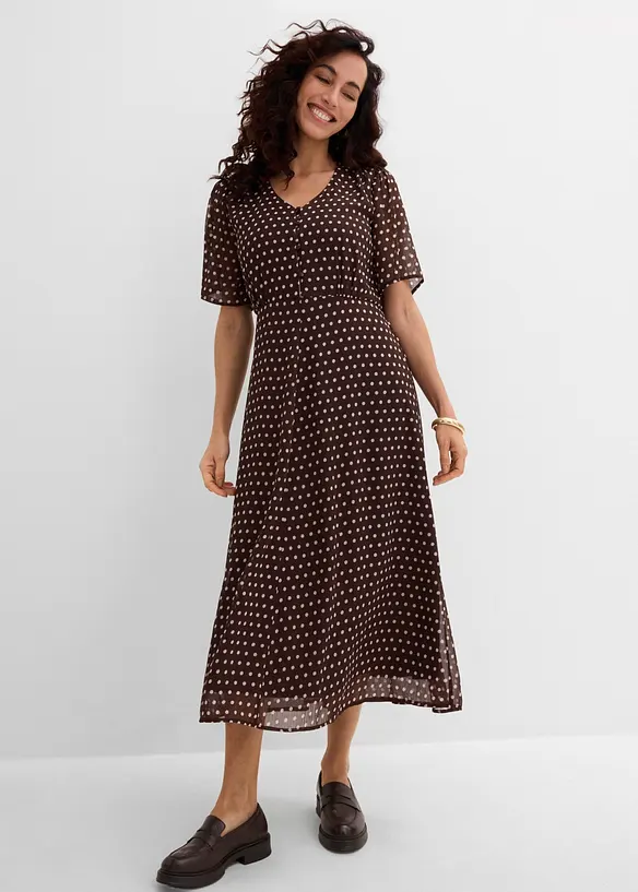 Midikleid aus strukturiertem Chiffon in braun von vorne (Totalaufnahme) - bonprix Midikleid aus strukturiertem Chiffon in braun von vorne (Totalaufnahme) - bonprix