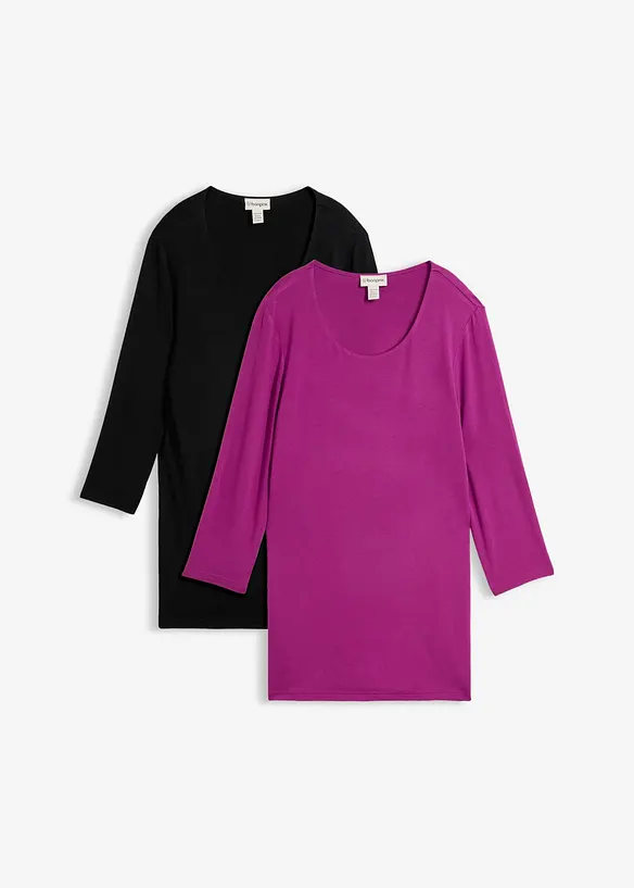 Longshirt doppellagig vorn aus softem Viskose-Mix (2er Pack) in schwarz von vorne - bonprix