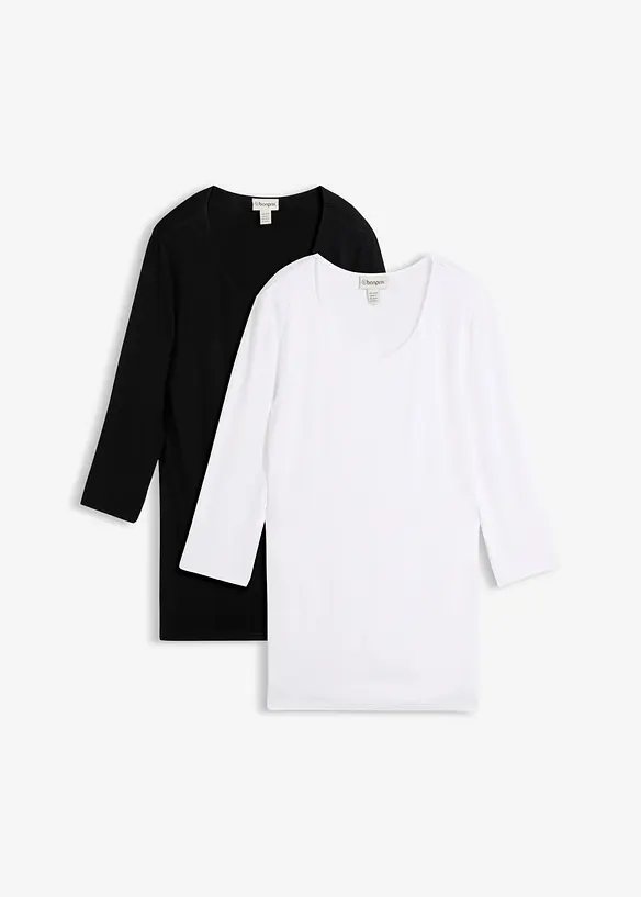 Longshirt doppellagig vorn aus softem Viskose-Mix (2er Pack) in schwarz von vorne - bonprix