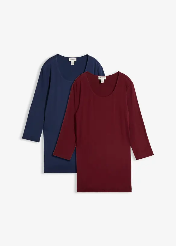 Longshirt doppellagig vorn aus softem Viskose-Mix (2er Pack) in blau von vorne - bonprix