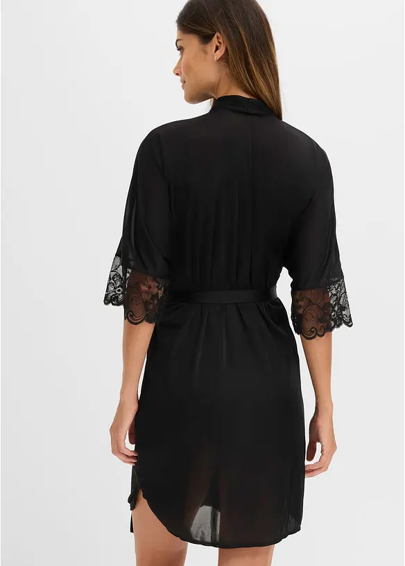 Satin Kimono mit Spitze in schwarz von hinten (Totalaufnahme) - bonprix