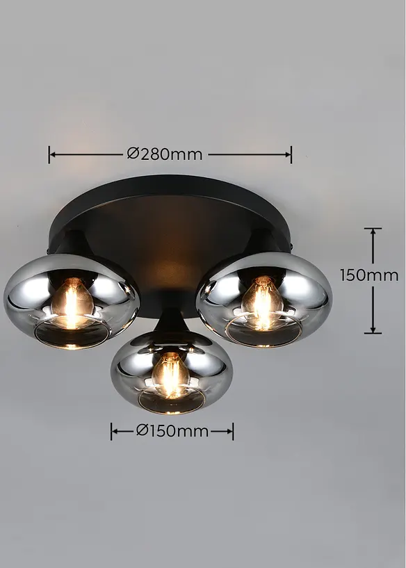 3-flammige Deckenleuchte mit chrombedampften Glas Lampenschirmen