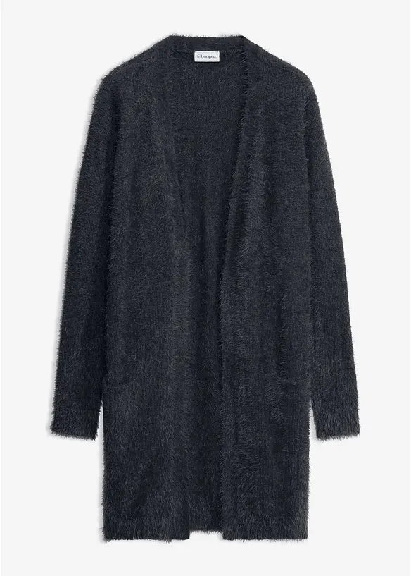 Longstrickjacke in Flauschoptik in schwarz von vorne - bonprix