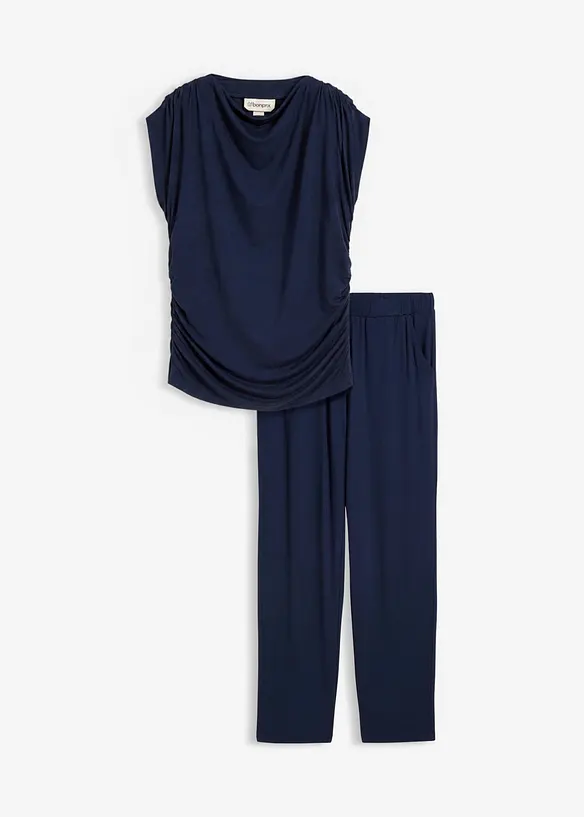 Shirt und Hose (2-tlg.Set)  aus Viskose-Mix in blau von vorne - bonprix