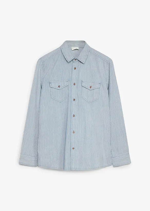 Jeanshemd, gestreift aus reiner Baumwolle in blau von vorne - bonprix