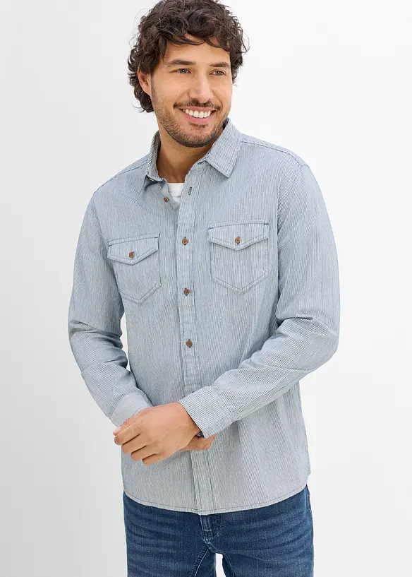 Jeanshemd, gestreift aus reiner Baumwolle in blau von vorne (im Anschnitt) - bonprix