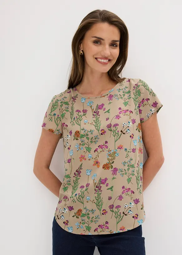 Blusenshirt mit Rundhals-Ausschnitt in braun von vorne (im Anschnitt) - bonprix