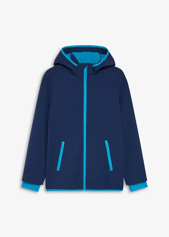 Windabweisende Softshelljacke mit abnehmbarer Kapuze in blau von vorne - bonprix