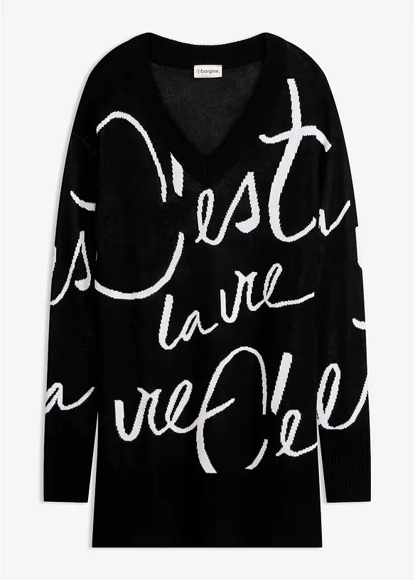 Longpullover mit Schriftzug in schwarz von vorne - bonprix