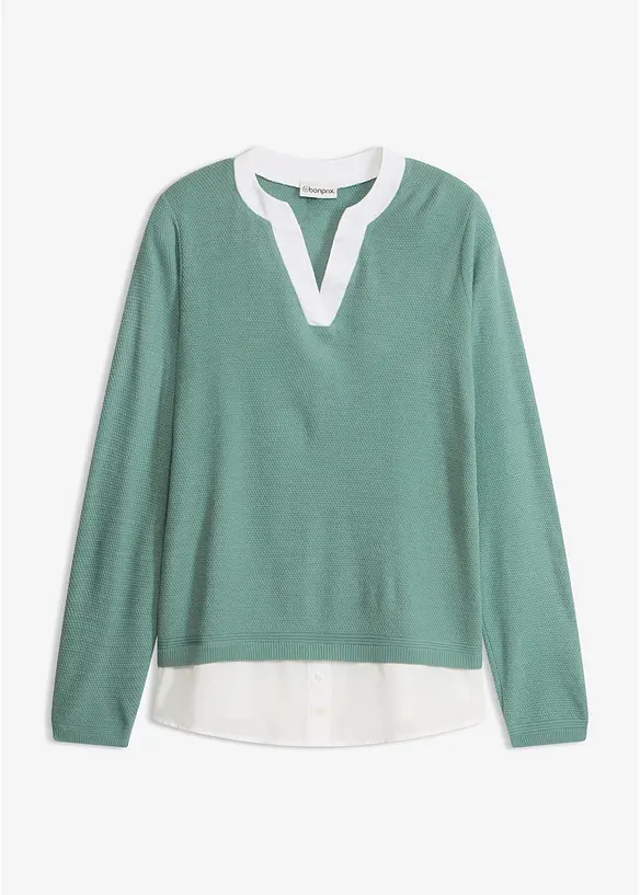 Feinstrickpullover mit Bluseneinsatz in grün von vorne - bonprix