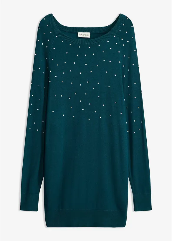 Long-Pullover mit Glitzersteinen in petrol von vorne - bonprix Long-Pullover mit Glitzersteinen in petrol von vorne - bonprix