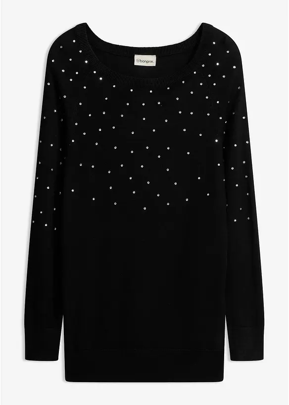 Long-Pullover mit Glitzersteinen in schwarz von vorne - bonprix