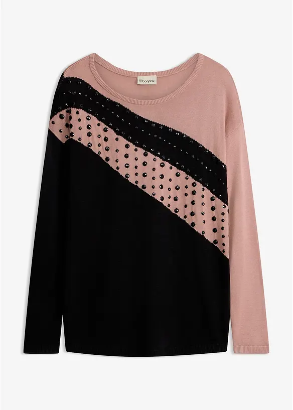 Longpullover mit Applikation in schwarz von vorne - bonprix