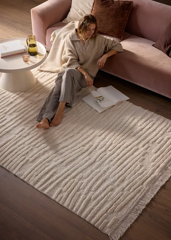 Woll Teppich mit Hoch-Tiefstruktur und Fransen in beige (Ambiente) - bonprix