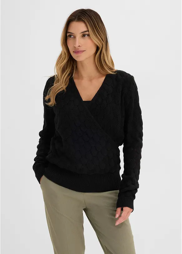 Ajour-Pullover in Wickeloptik in schwarz von vorne (im Anschnitt) - bonprix