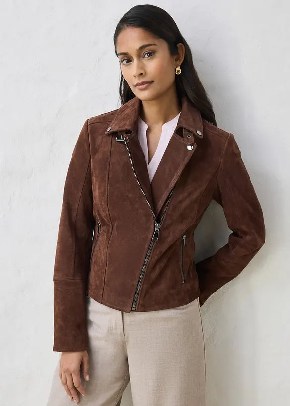 Biker-Velourslederjacke in braun von vorne (im Anschnitt) - bonprix