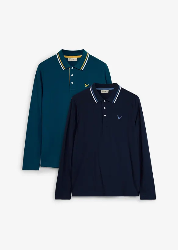 Poloshirt aus reiner Bio-Baumwolle (2er Pack) in petrol von vorne - bonprix
