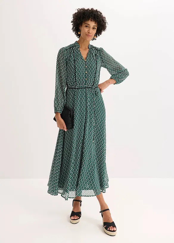 Chiffonkleid mit Kontrast-Pipings in schwarz von vorne (Totalaufnahme) - bonprix