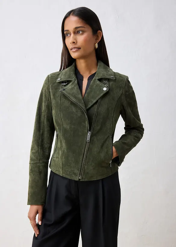 Biker-Velourslederjacke in grün von vorne (im Anschnitt) - bonprix