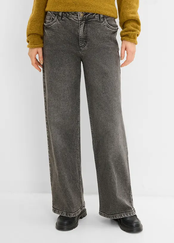 Wide-Leg-Jeans Mid Waist in grau von vorne - bonprix