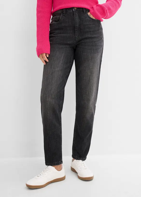 Mom-Jeans High Waist, cropped in schwarz von vorne - bonprix