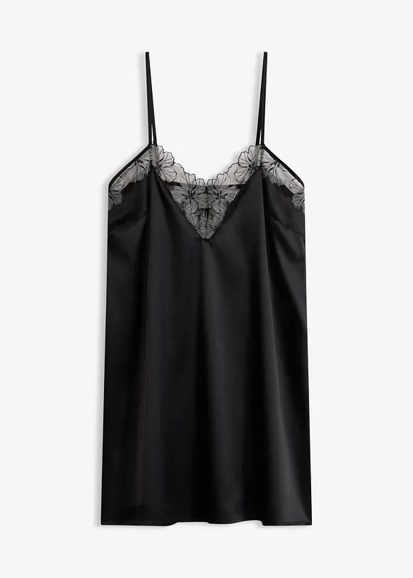 Satin Negligé mit edler Stickerei in schwarz von vorne - bonprix