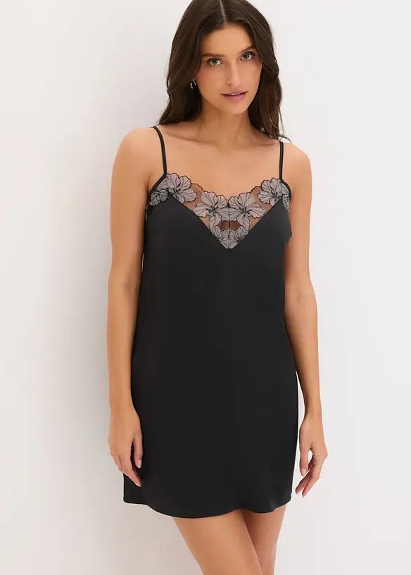 Satin Negligé mit edler Stickerei in schwarz von vorne (Totalaufnahme) - bonprix
