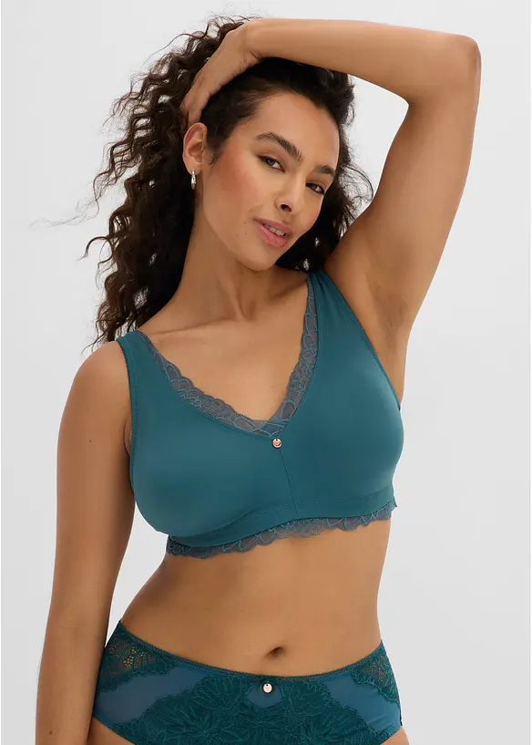 Minimizer Bralette ohne Bügel mit zarter Spitze in petrol von vorne (im Anschnitt) - bonprix