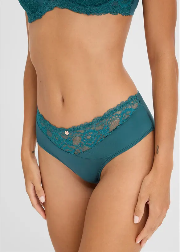 String Panty mit edler Spitze und nahtloser Hinterhose in petrol von vorne - bonprix