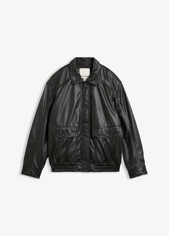 Oversize Leder-Blouson aus Lammnappa in schwarz von vorne - bonprix