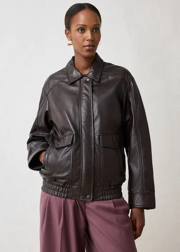 Oversize Leder-Blouson aus Lammnappa in braun von vorne (im Anschnitt) - bonprix