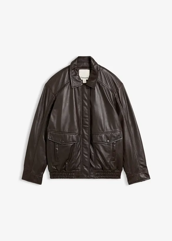 Oversize Leder-Blouson aus Lammnappa in braun von vorne - bonprix